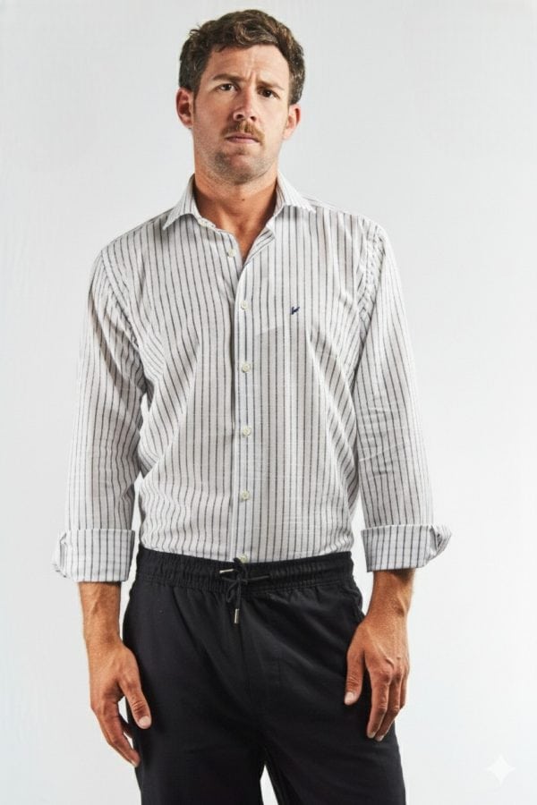 Camisa de lino y algodón rayas azules