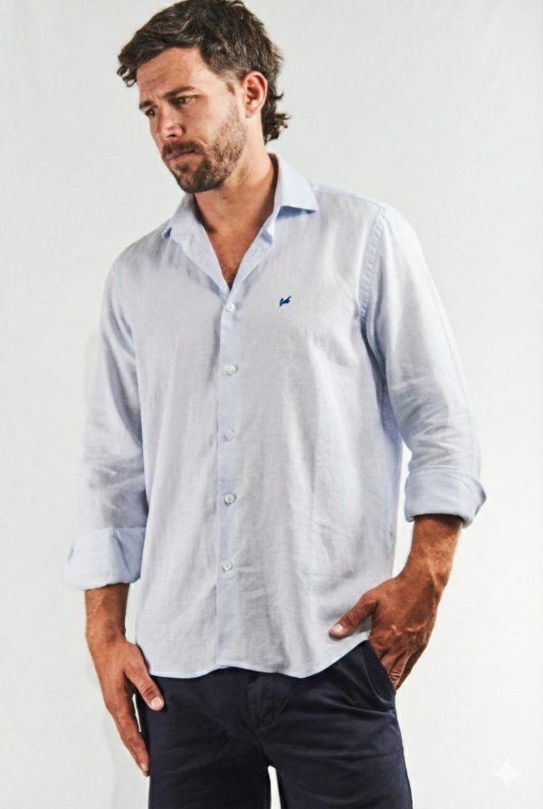 Camisa hombre lino y algodón celeste