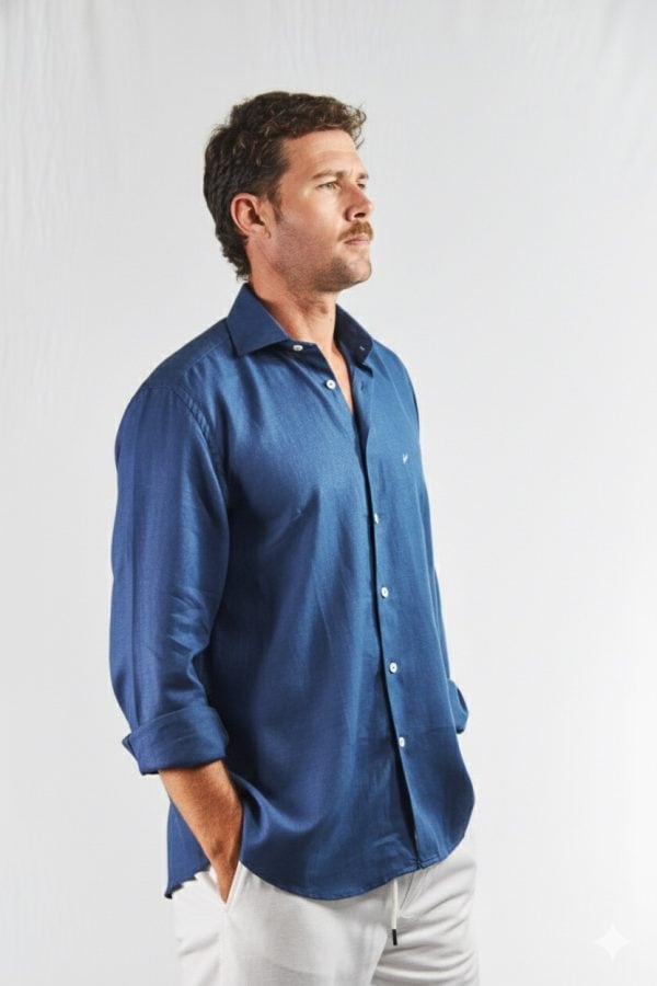 Camisa hombre lino y algodón azul