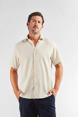Camisa lino y algodón manga corta beige