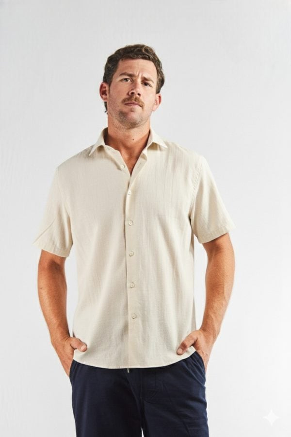 Camisa lino y algodón manga corta beige