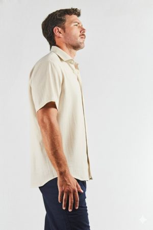 Camisa lino y algodón manga corta beige