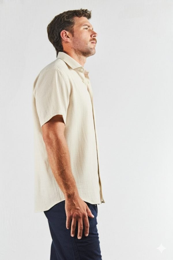 Camisa lino y algodón manga corta beige