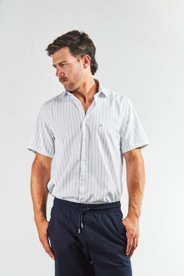 Camisa lino y algodón rayada manga corta