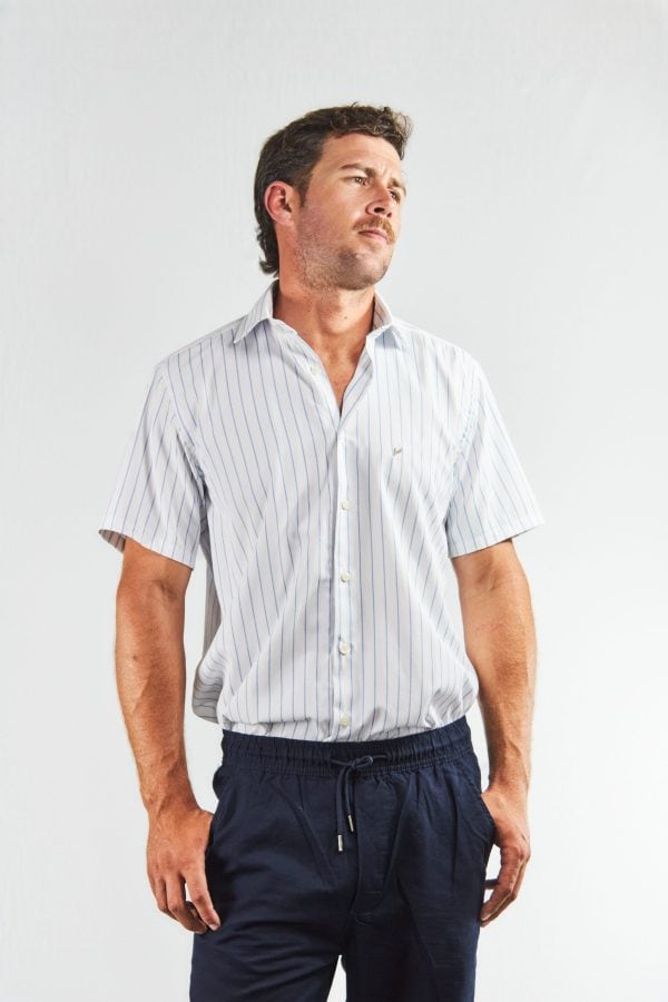 Camisa lino y algodón rayada manga corta