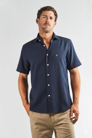 Camisa lino y algodón manga corta azul
