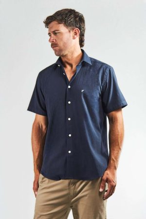 Camisa lino y algodón manga corta azul