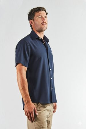 Camisa lino y algodón manga corta azul