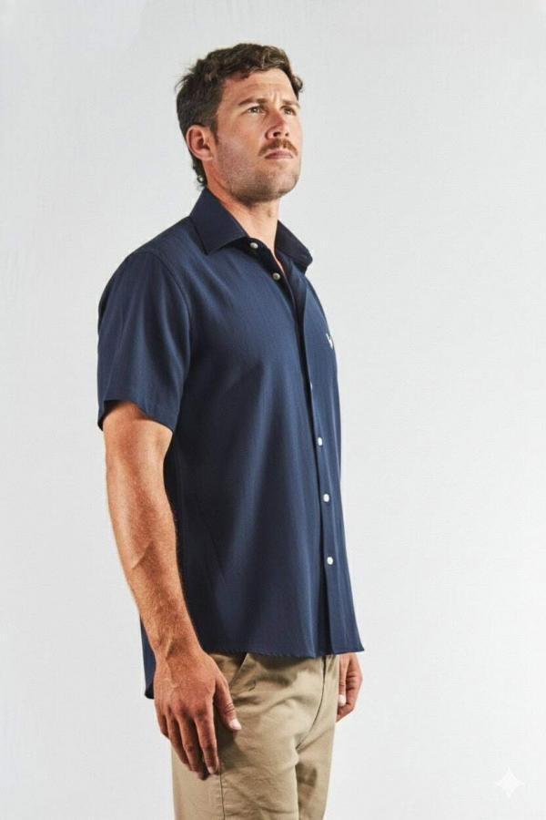 Camisa lino y algodón manga corta azul