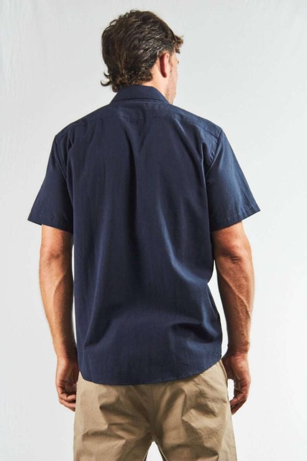 Camisa lino y algodón manga corta azul