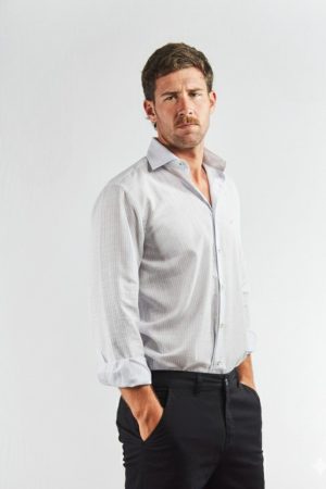 Camisa lino y algodón rayas celestes