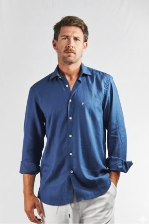 Camisa hombre lino y algodón azul