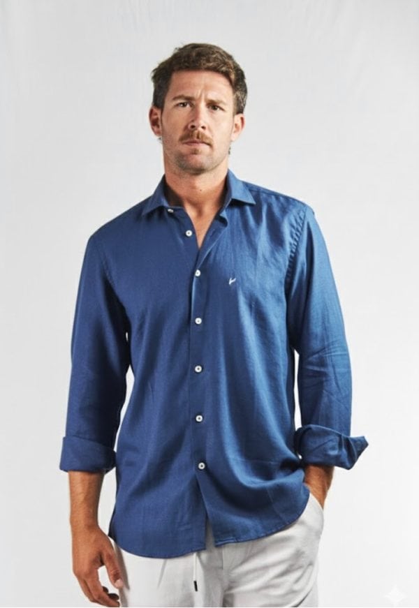 Camisa hombre lino y algodón azul