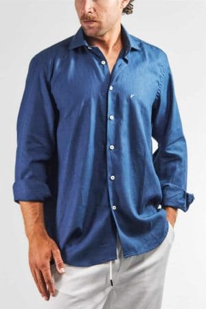 Camisa hombre lino y algodón azul
