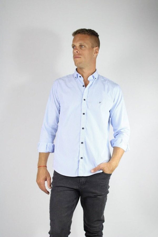 Camisa Rayada Celeste 100% Algodón Hombre