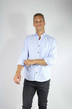 Camisa Rayada Celeste 100% Algodón Hombre