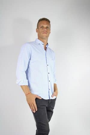 Camisa Rayada Celeste 100% Algodón Hombre