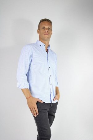 Camisa Rayada Celeste 100% Algodón Hombre