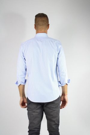 Camisa Rayada Celeste 100% Algodón Hombre