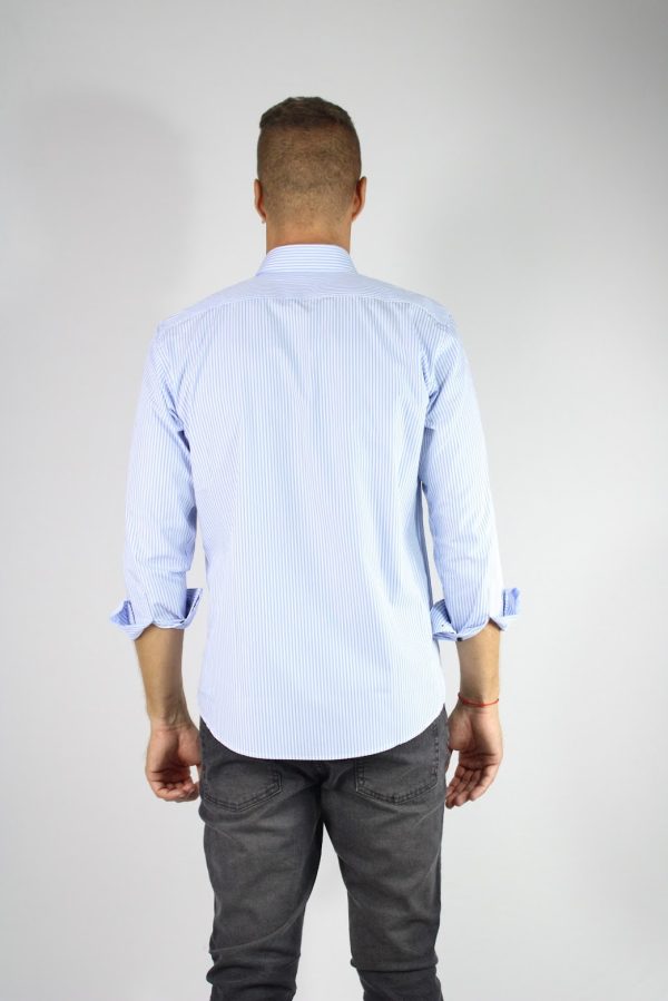 Camisa Rayada Celeste 100% Algodón Hombre