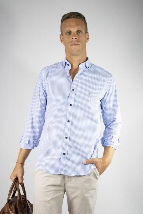 Camisa cuadros celeste 100% algodón