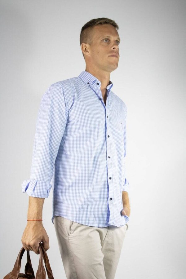 Camisa cuadros celeste 100% algodón