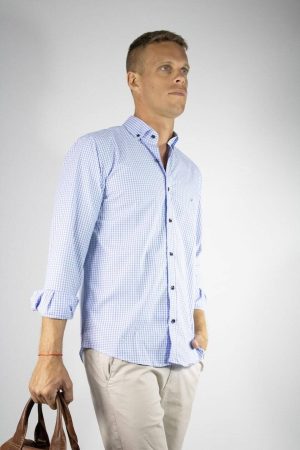 Camisa cuadros celeste 100% algodón