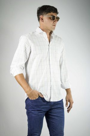 Camisa Hombre Cuadros Finos Blanca