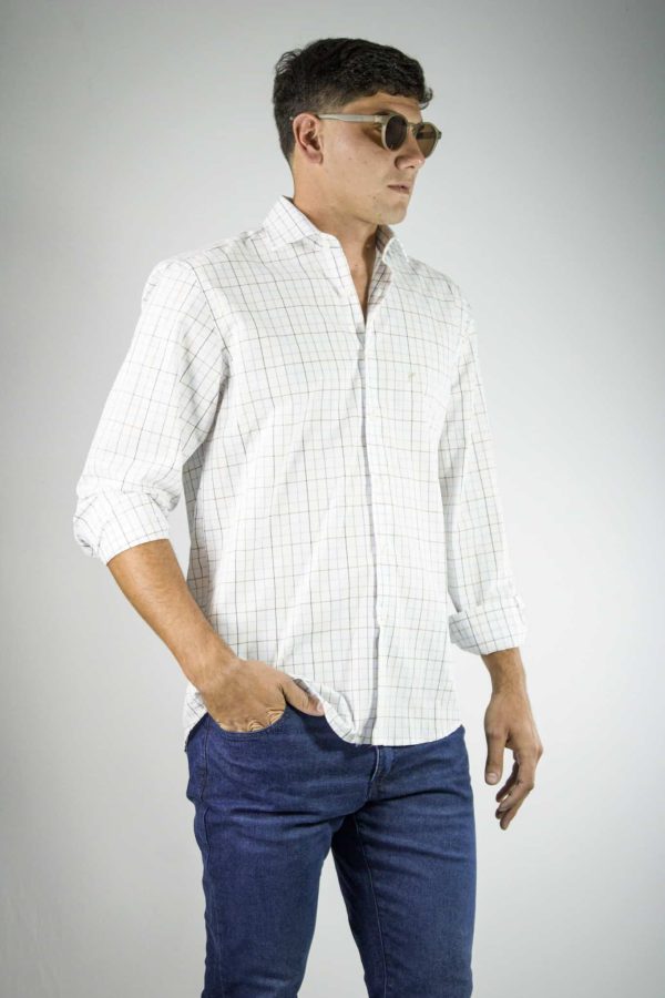 Camisa Hombre Cuadros Finos Blanca