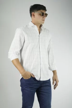 Camisa Hombre Cuadros Finos Blanca