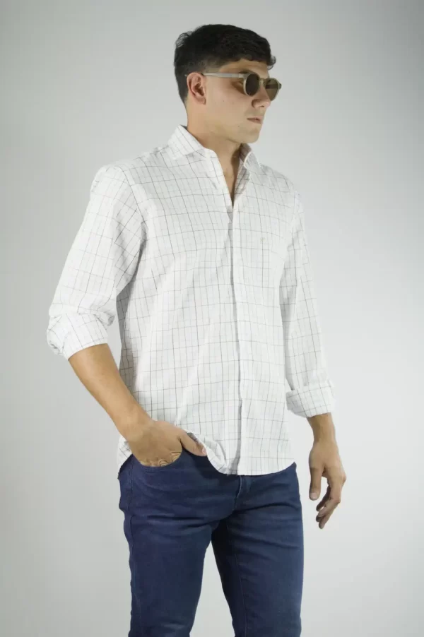 Camisa Hombre Cuadros Finos Blanca