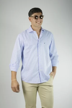 Camisa Hombre Cuadros Finos Celeste