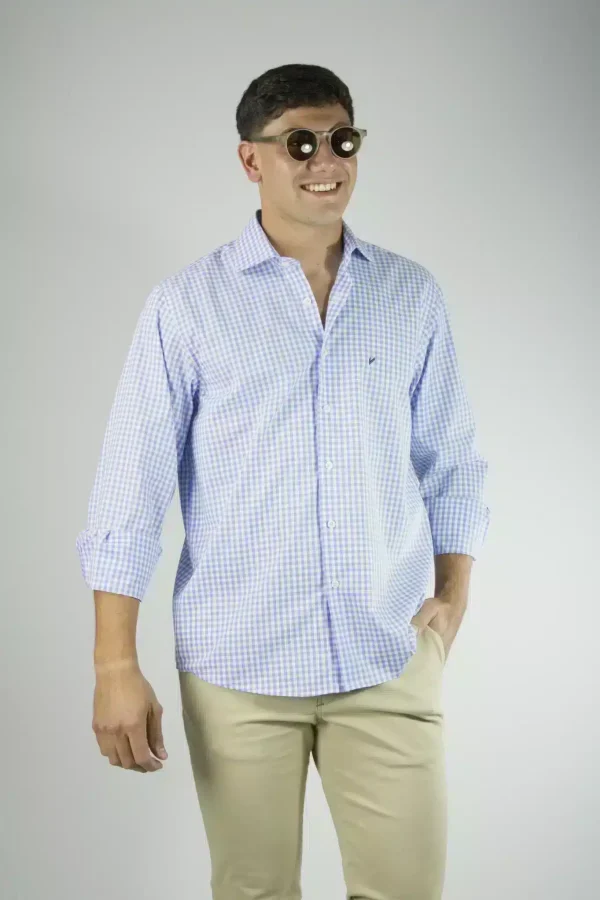Camisa Hombre Cuadros Finos Celeste