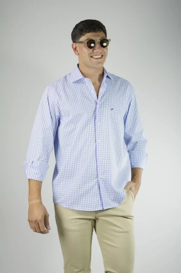 Camisa Hombre Cuadros Finos Celeste