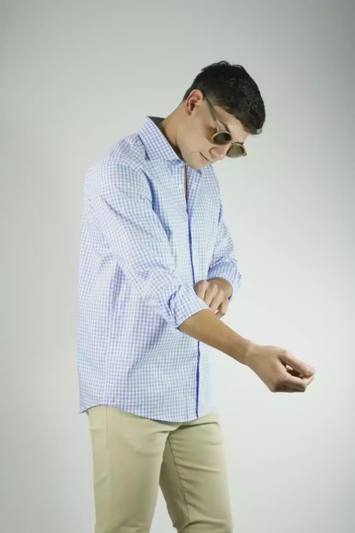 Camisa Hombre Cuadros Finos Celeste