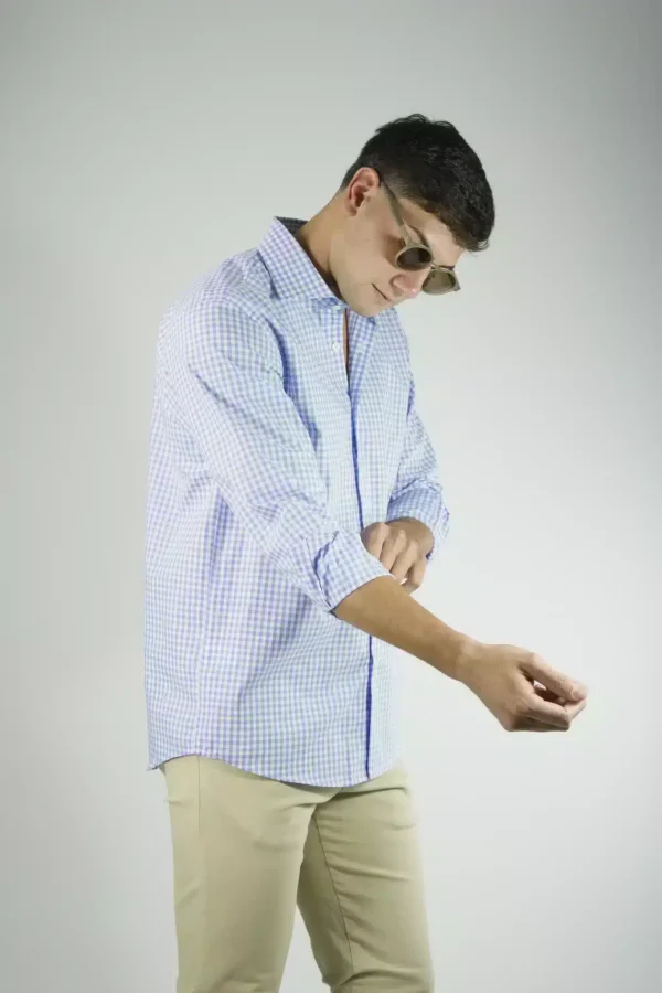 Camisa Hombre Cuadros Finos Celeste