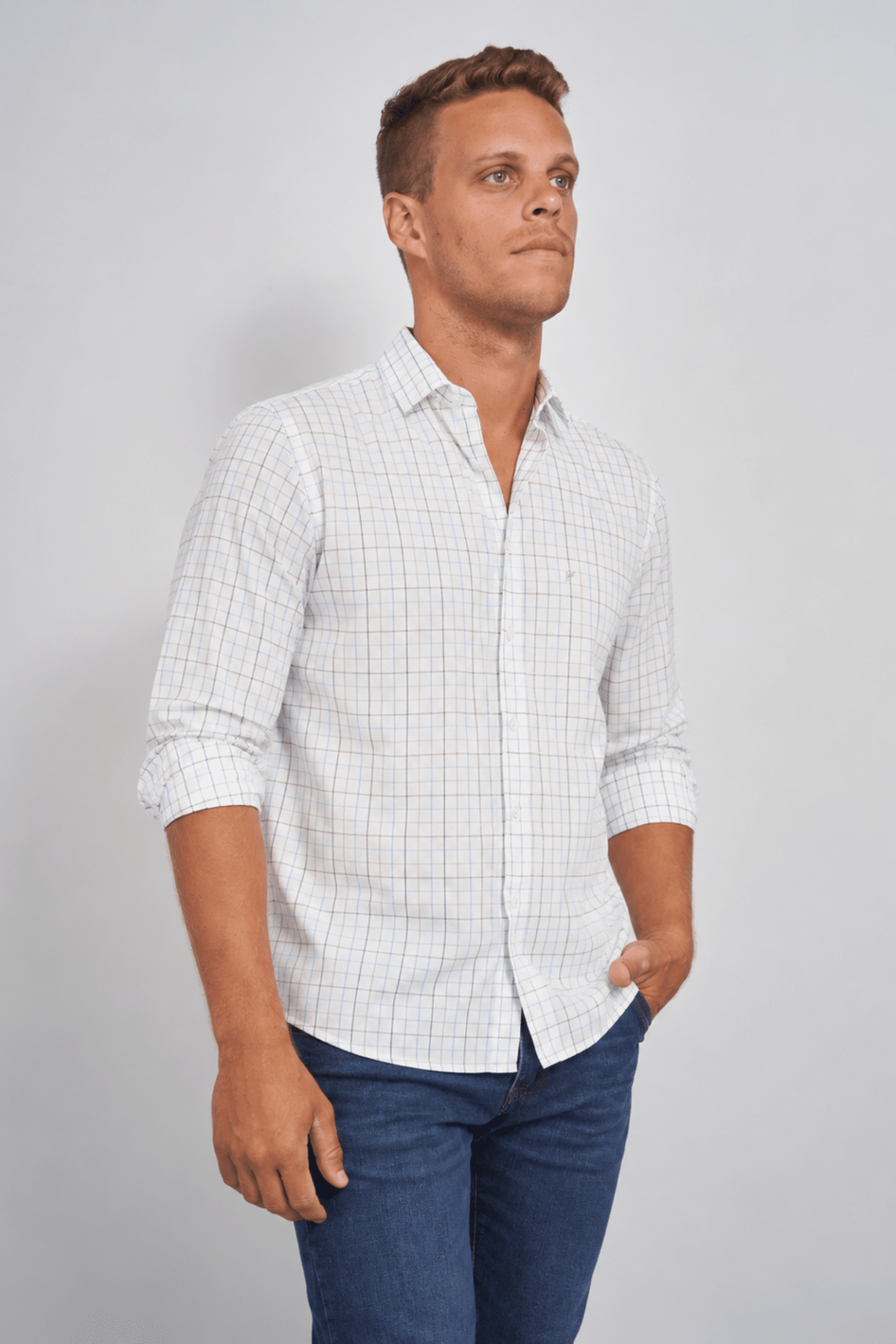 Camisa Hombre Cuadros Finos Blanca
