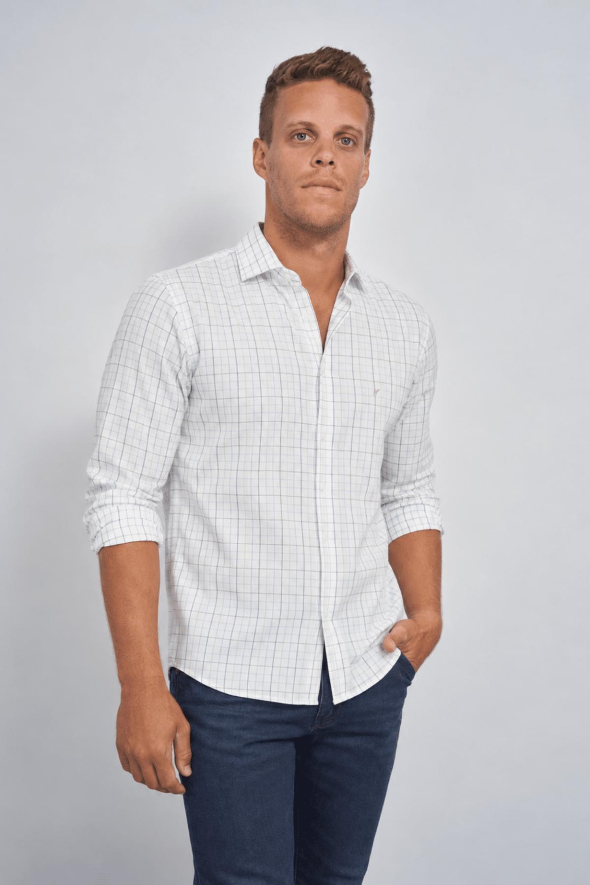 Camisa Hombre Cuadros Finos Blanca
