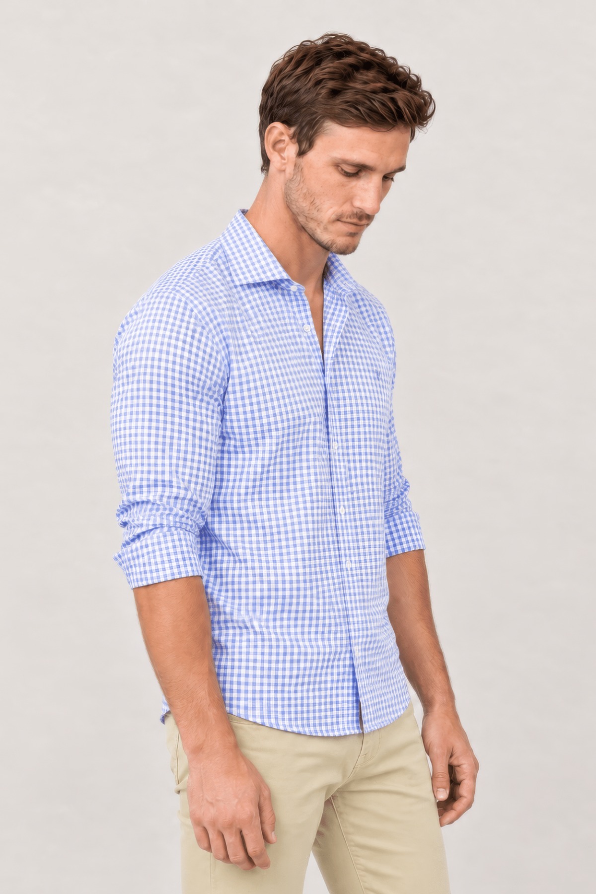 Camisa Hombre Cuadros Finos Celeste