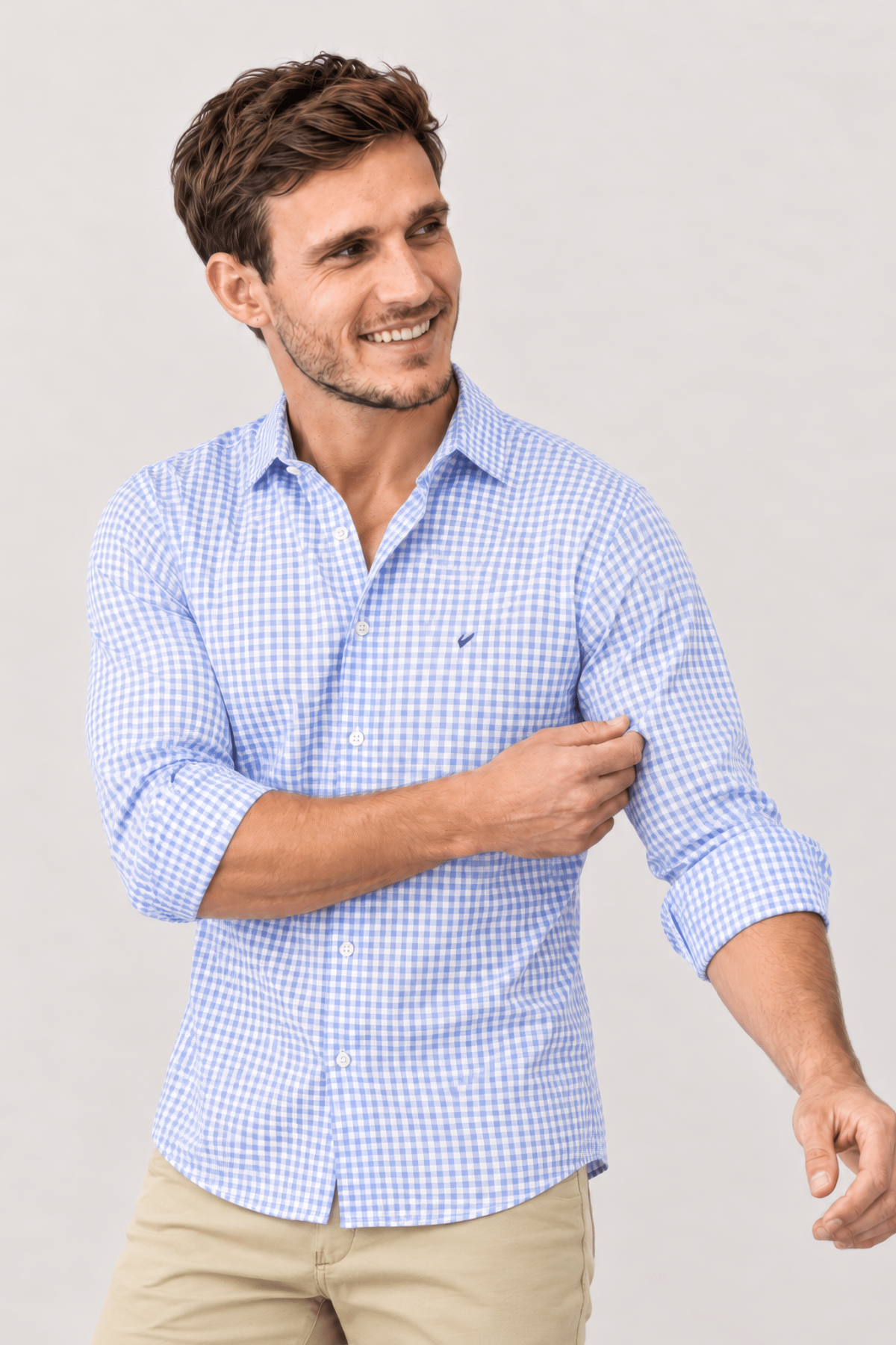 Camisa Hombre Cuadros Finos Celeste