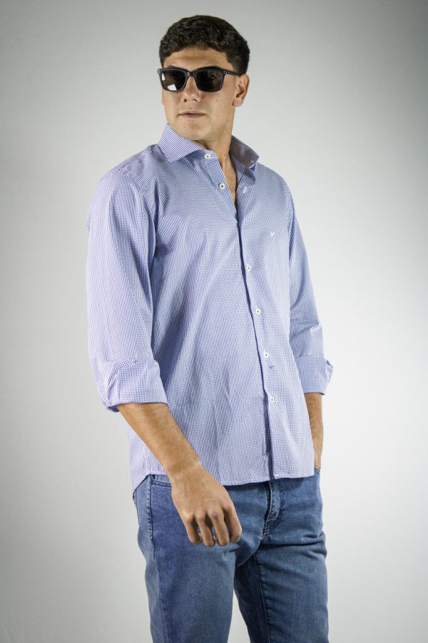 Camisa de algodón de cuadritos azul blanco