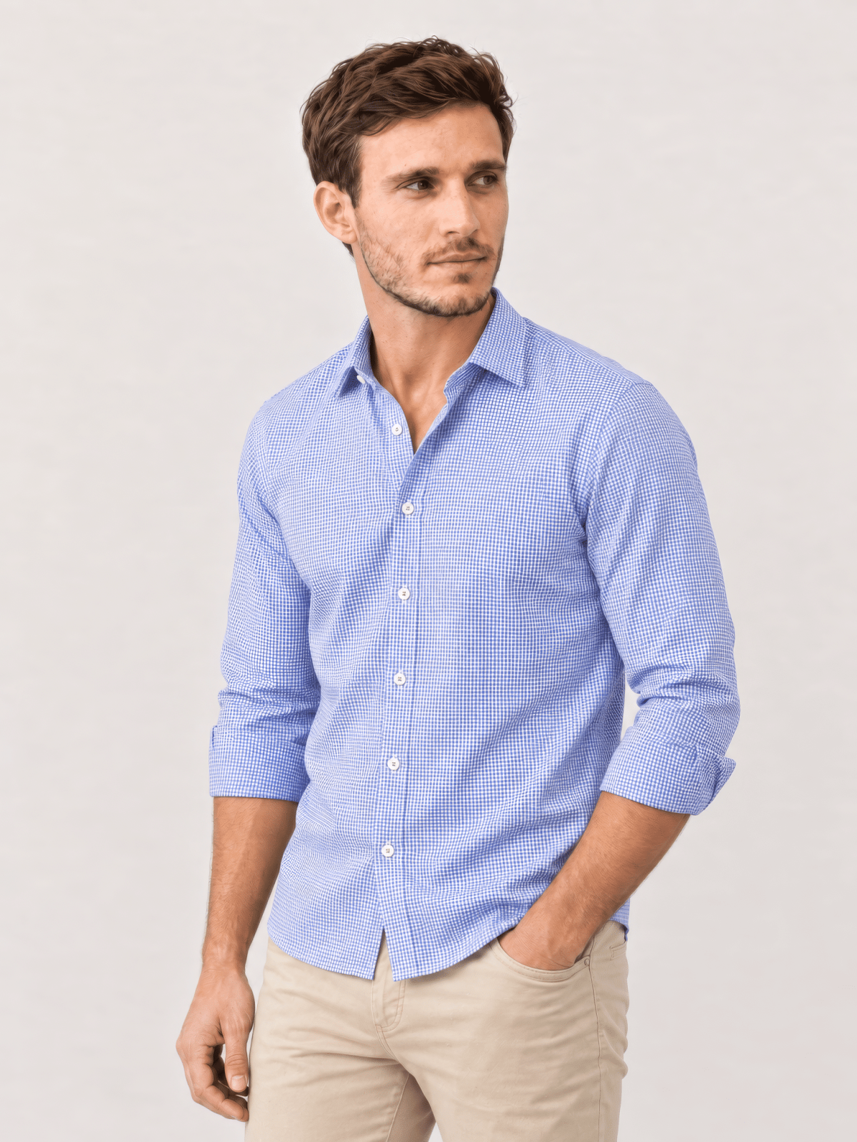 Camisa de algodón de cuadritos azul blanco