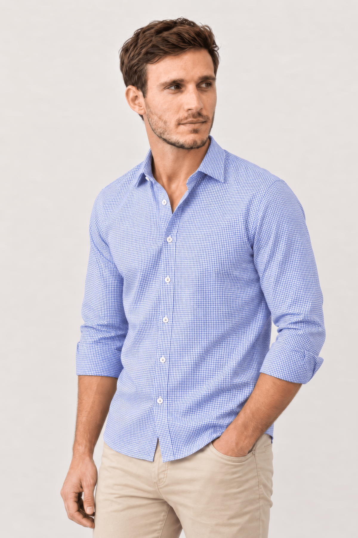 Camisa de algodón de cuadritos azul blanco