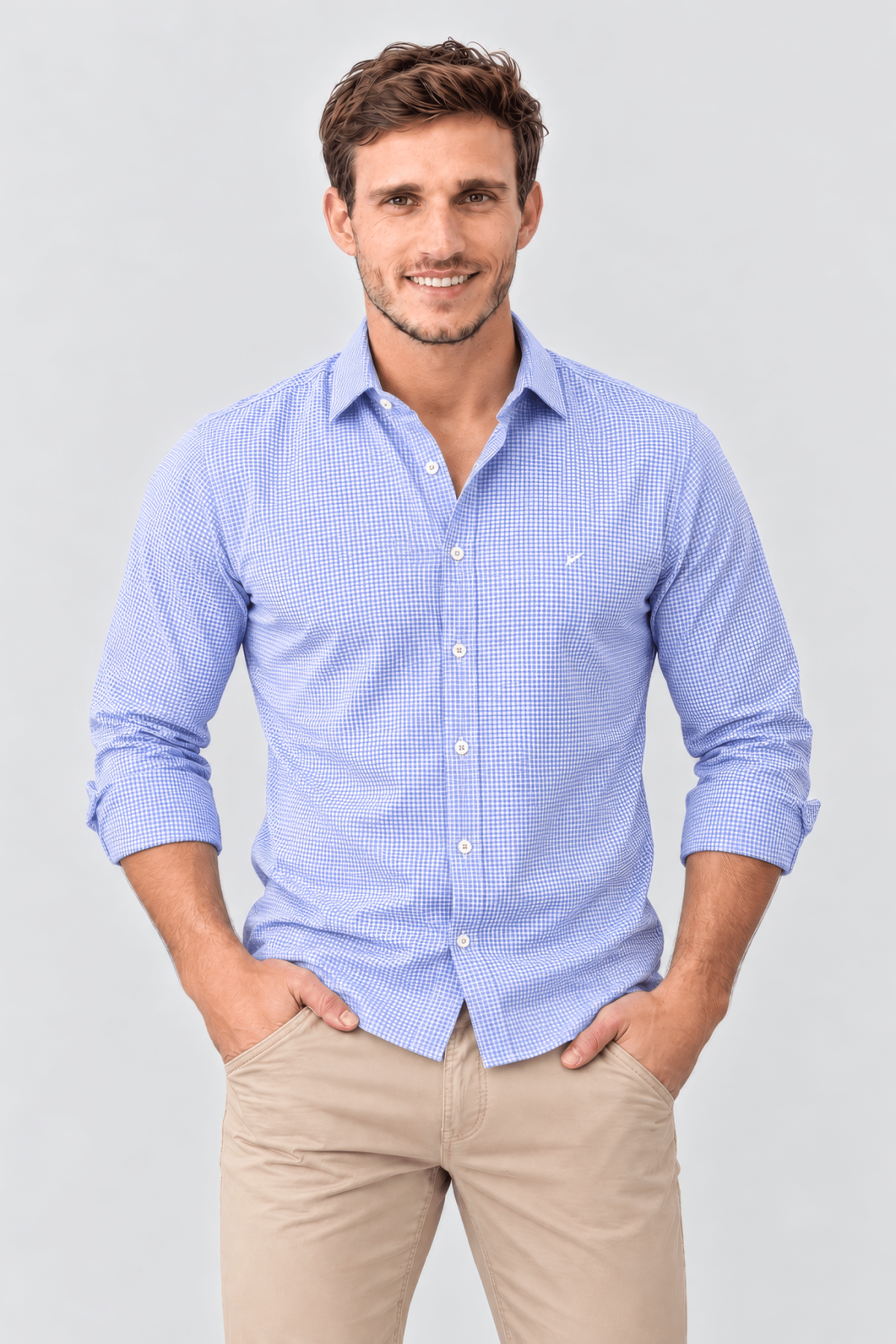 Camisa de algodón de cuadritos azul blanco